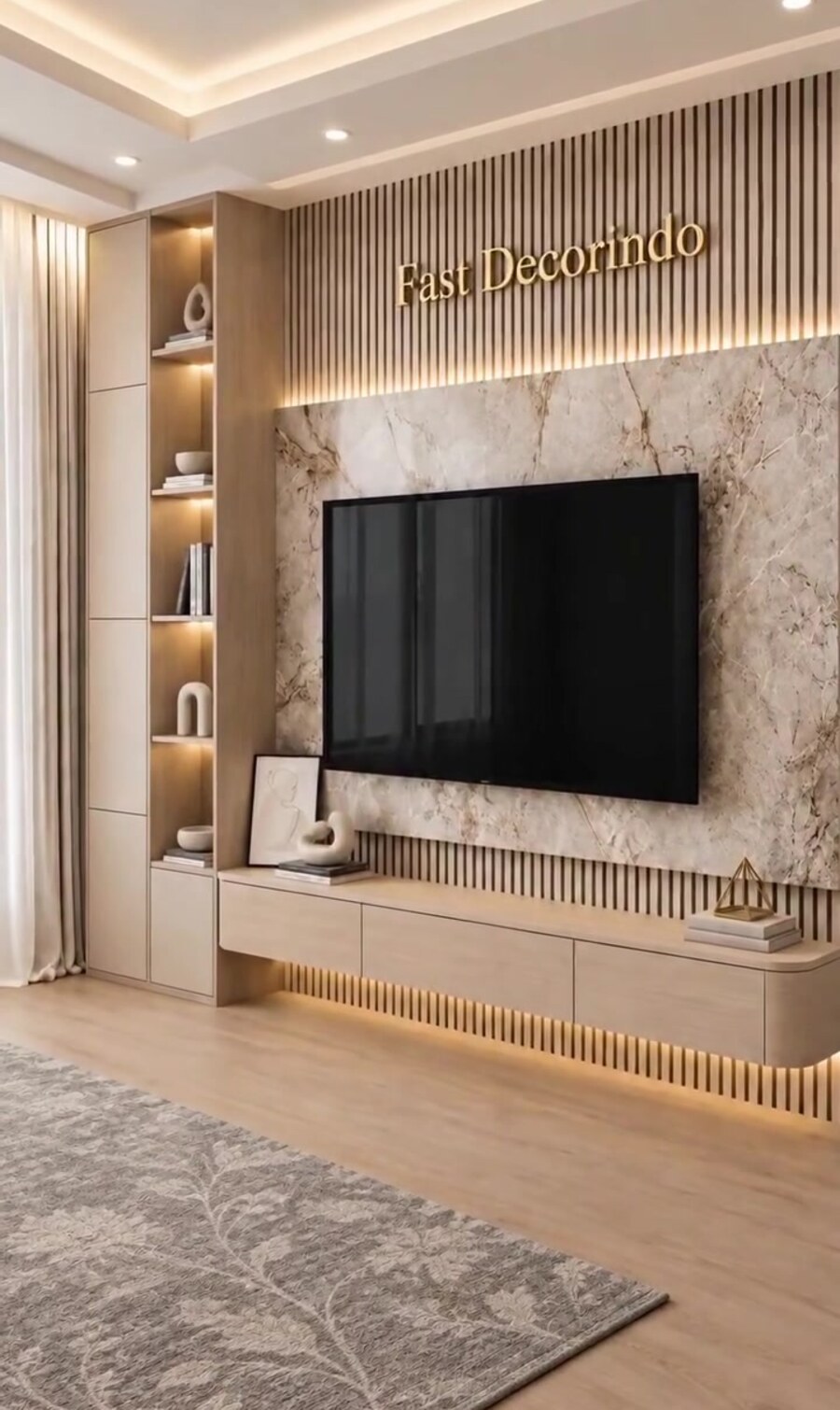 Backdrop TV & panel kayu — ruang keluarga